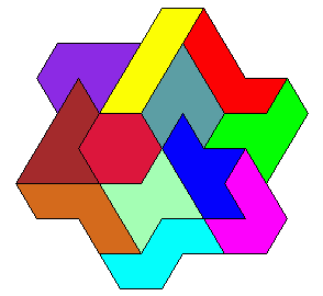 Enige oplossing met hexagon niet aan de rand; er zijn drie symmetrieassen